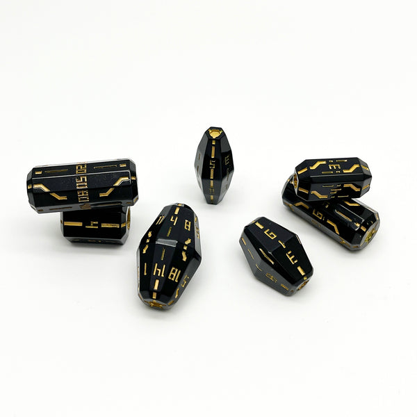 Space Roller Dice Polyhedral Set- Glossy Black Dice With Gold Pipes