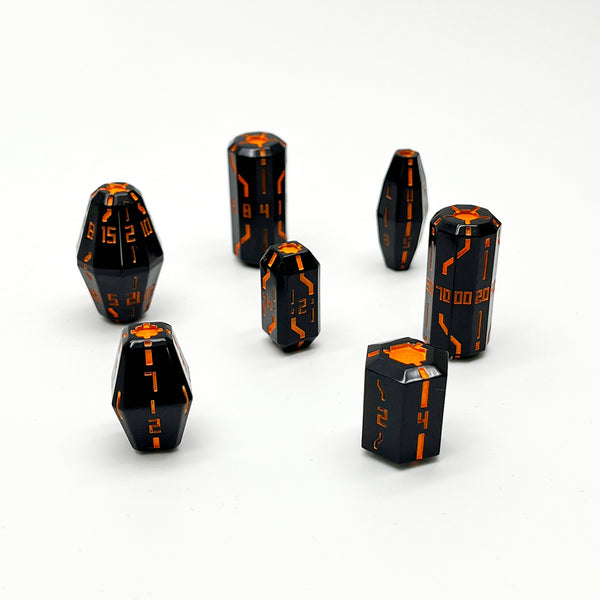 Space Roller Dice Polyhedral Set- Glossy Black Dice With Orange Pipes