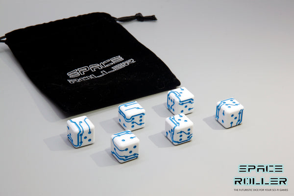 A 6 Dice Set of Space Roller Dice MK II Set - Blue Groove White Finish