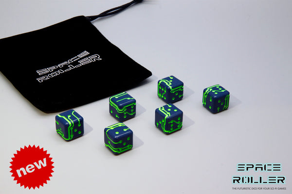 A 6 Dice Set of Space Roller Dice MK II Set - Green Groove Navy Blue Finish