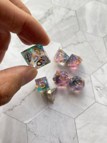 Hand made sharp edge dice set- Crystal Rainbow