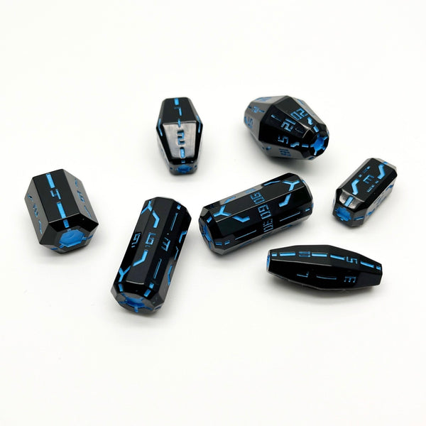 Space Roller Dice Polyhedral Set- Glossy Black Dice With Blue Pipes