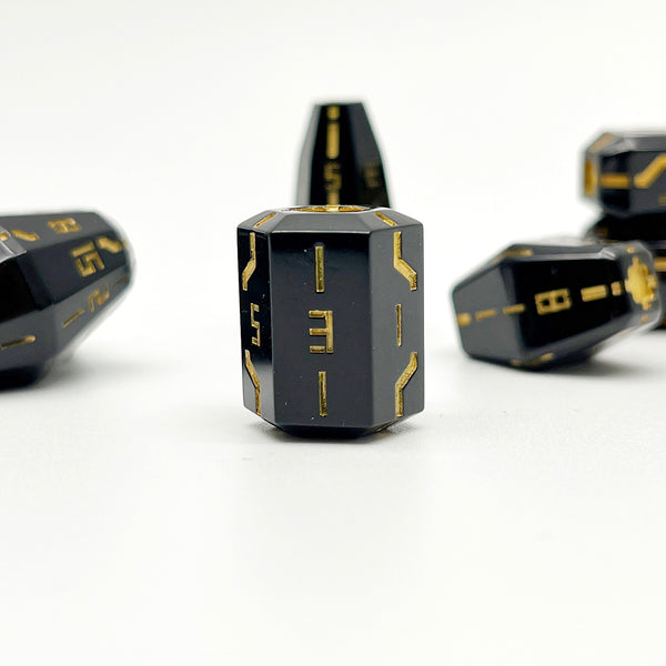 Space Roller Dice Polyhedral Set- Glossy Black Dice With Gold Pipes