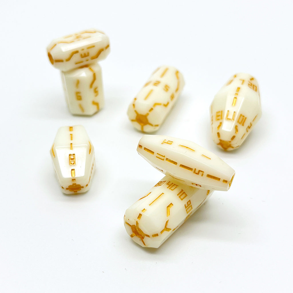 Space Roller Dice Polyhedral Set- Glossy Ivory Dice With Gold Pipes