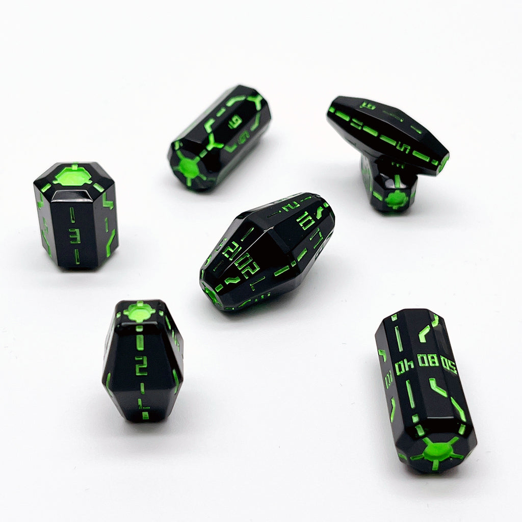 Space Roller Dice Polyhedral Set- Glossy Black Dice With Green Pipes