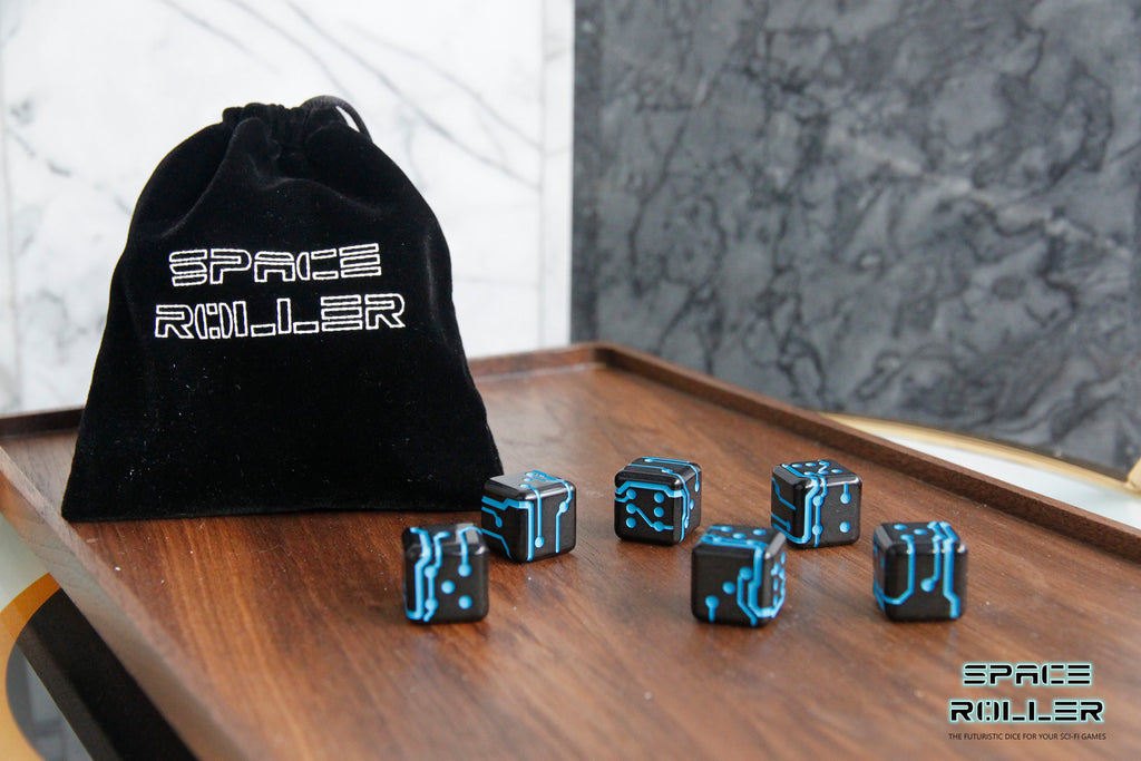 A 6 Dice Set of Space Roller Dice MK II - Blue Groove Black Finish