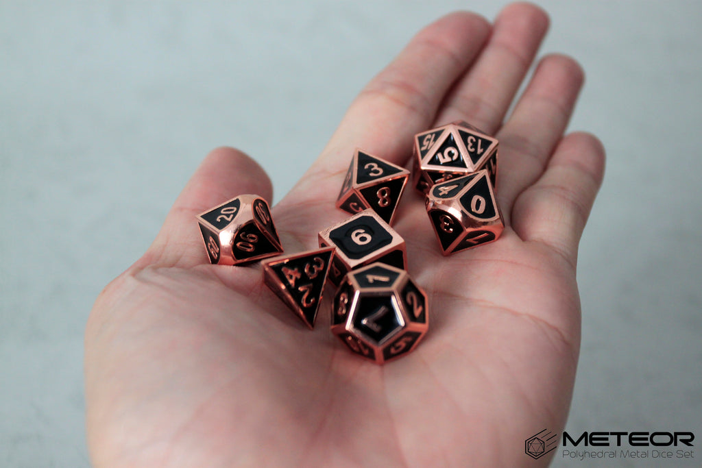 Meteor Polyhedral Metal Dice Set- Black with Copper Frame