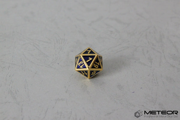 D20 Meteor Polyhedral Metal Dice- Blue with Golden Frame