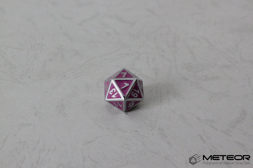 D20 Meteor Polyhedral Metal Dice- Purple with Silver Frame