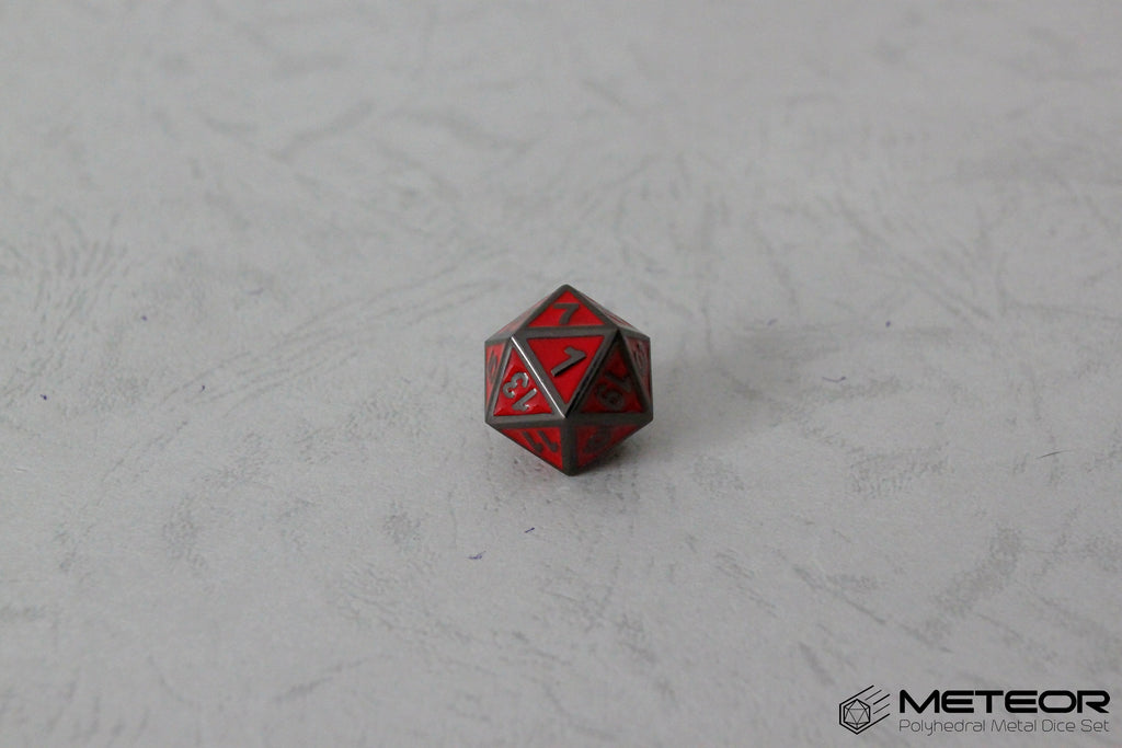 D20 Meteor Polyhedral Metal Dice- Red with Metallic Gray