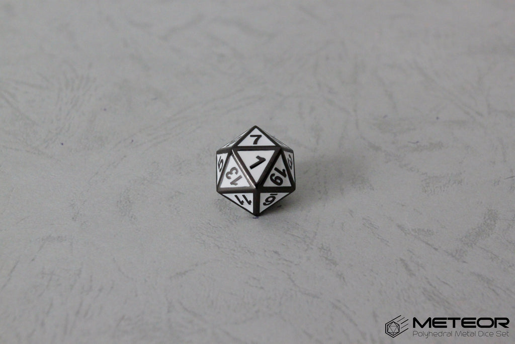D20 Meteor Polyhedral Metal Dice- White with Metallic Gray