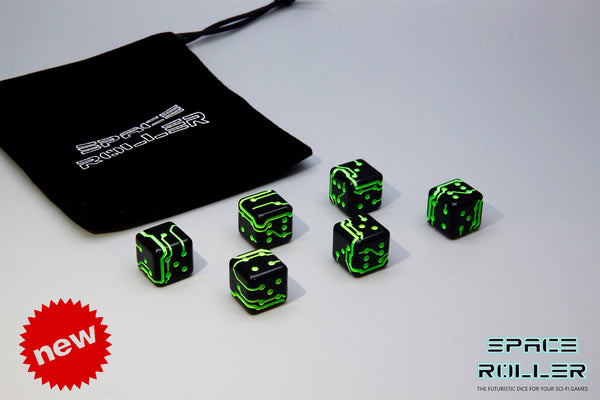 (B GRADE) A 12 Dice Set of Space Roller Dice MK II Set - Green Groove Black Finish