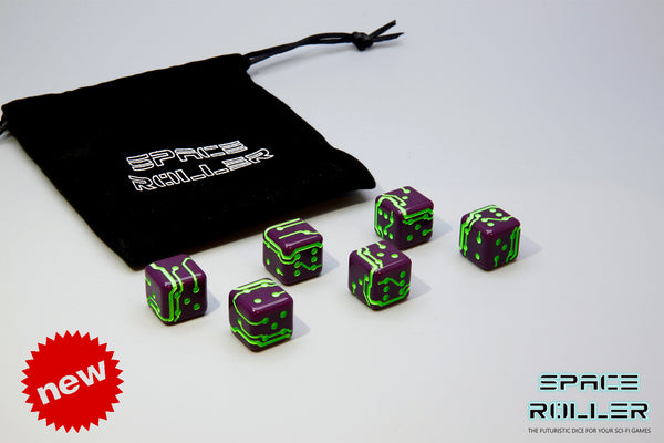 A 6 Dice Set of Space Roller Dice MK II Set - Green Groove Purple Finish