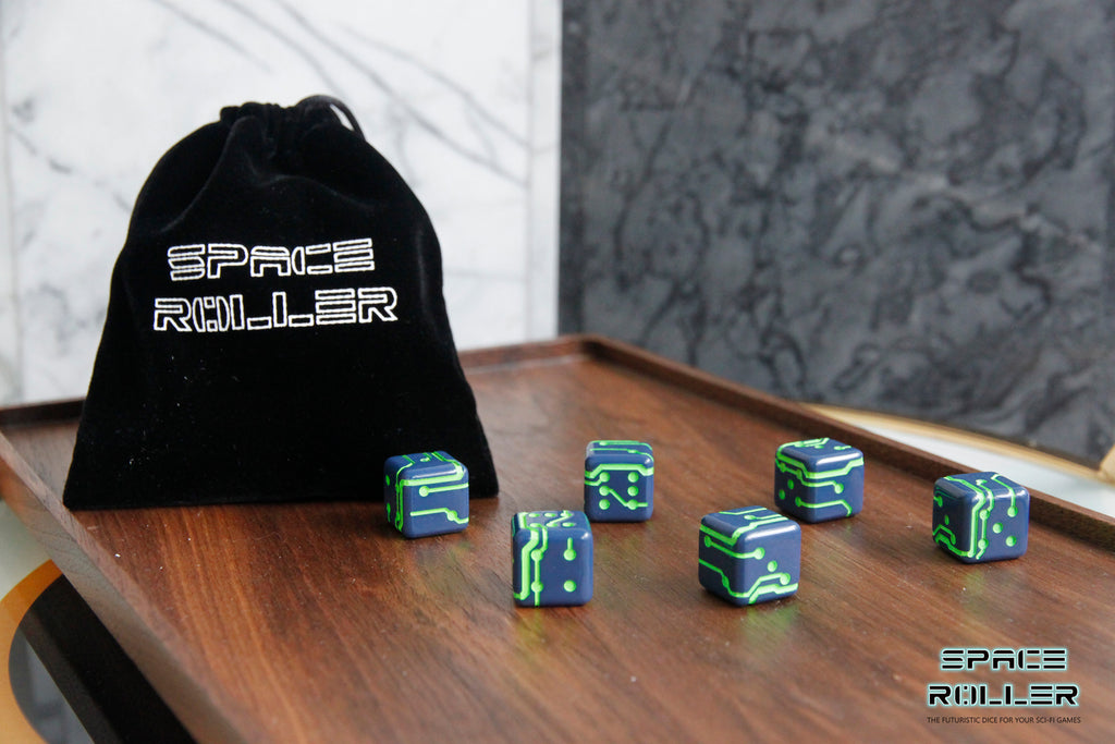 A 6 Dice Set of Space Roller Dice MK II Set - Green Groove Navy Blue Finish