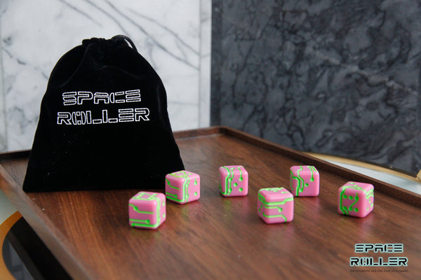 A 6 Dice Set of Space Roller Dice MK II Set - Green Groove Pink Finish
