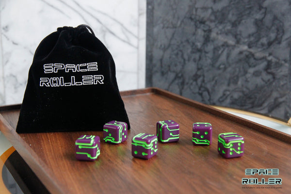 A 6 Dice Set of Space Roller Dice MK II Set - Green Groove Purple Finish