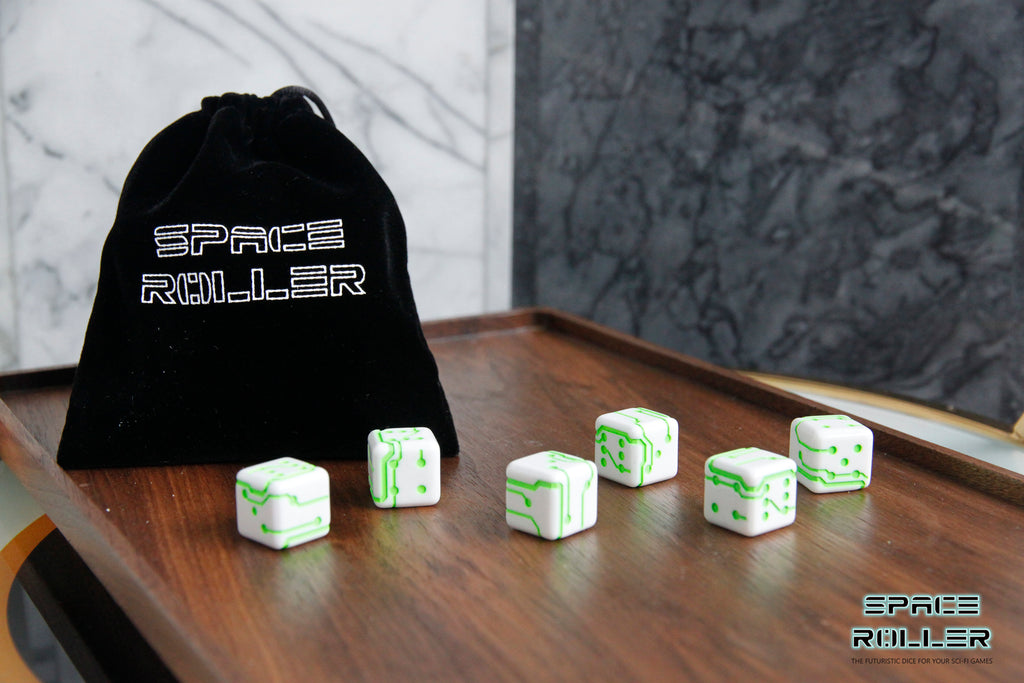 A 6 Dice Set of Space Roller Dice MK II Set - Green Groove White Finish