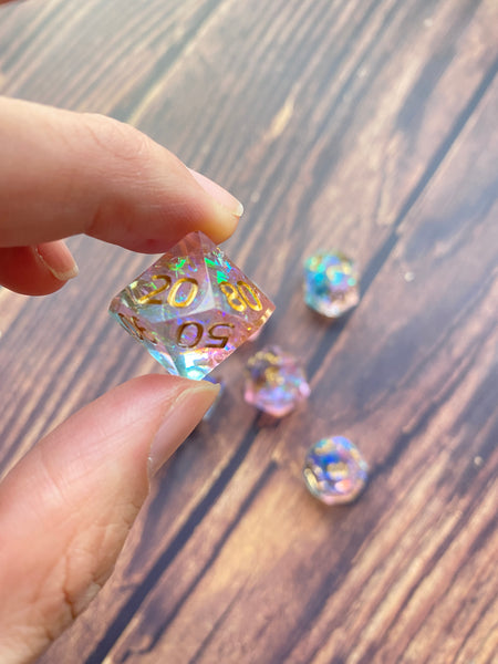Hand made sharp edge dice set- Crystal Rainbow
