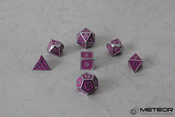 Meteor Polyhedral Metal Dice Set- Purple with Silver Frame