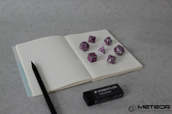 Meteor Polyhedral Metal Dice Set- Purple with Silver Frame