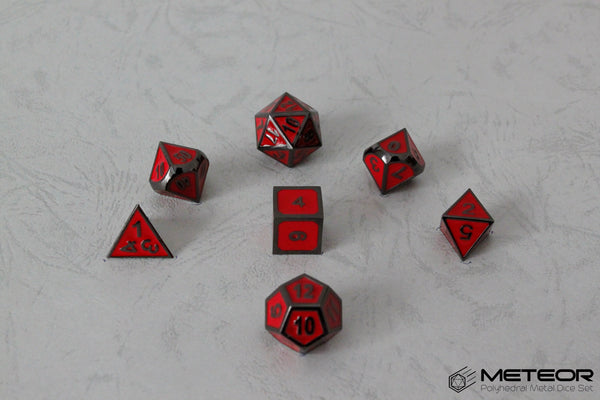 Meteor Polyhedral Metal Dice Set- Red with Metallic Gray Frame