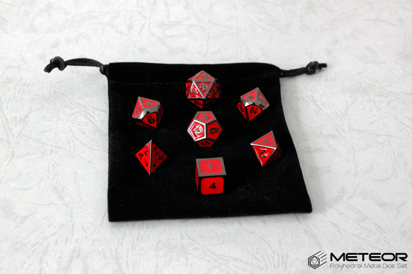 Meteor Polyhedral Metal Dice Set- Red with Metallic Gray Frame