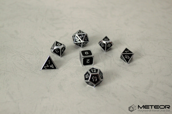 Meteor Polyhedral Metal Dice Set- Black with Silver Frame