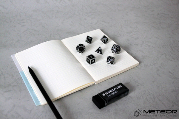 Meteor Polyhedral Metal Dice Set- Black with Silver Frame